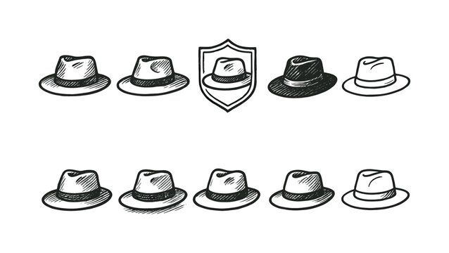 Collection of hand-drawn fedora hats and a shield emblem in a simple sketch style
