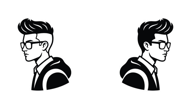 Profile illustrations of a stylish young man with a modern undercut hairstyle and glasses in bold black silhouette and clean line art styles