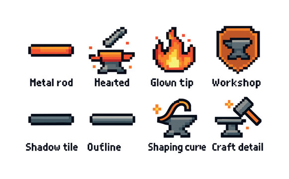 Pixel art blacksmith icons for crafting and game design