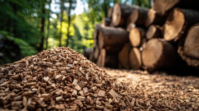 Stack of neatly cut rectangular wooden logs with textured surface for eco-friendly construction and energy
