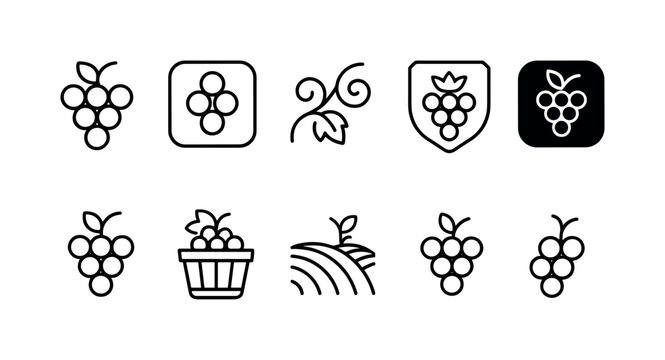 Collection of simple line icons representing grapes and winemaking elements