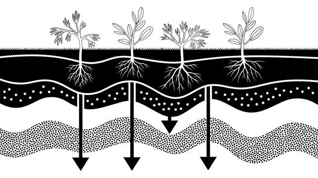 Cross-section of soil layers showing plant roots and water infiltration with infiltration, agriculture