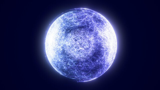 Glowing blue abstract sphere with dense electric filaments and radiant core on a dark futuristic background