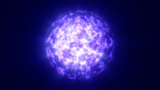Purple glowing plasma sphere with radiant core and light rays in dark space, abstract cosmic energy and astronomy concept