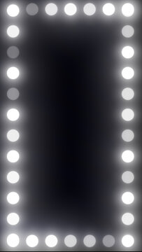 Illuminated vanity mirror frame with round bulbs and empty dark center, beauty studio mockup background