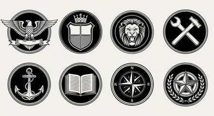 Collection of Eight Circular Emblems and Symbols. © Arya