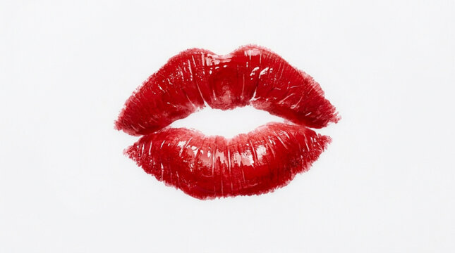 Red lipstick kiss mark on white background shiny lip gloss puckered lips makeup beauty concept