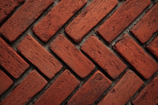 Textured red brick wall laid in a herringbone pattern