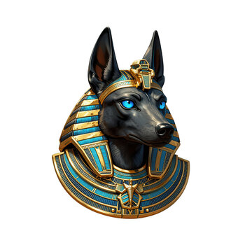 Ancient Egyptian Anubis Head Wearing Golden Headdress Isolated on Transparent Background