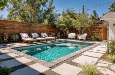 Fototapeta premium Sunlit backyard oasis with modern pool, lounge chairs, and lush landscaping