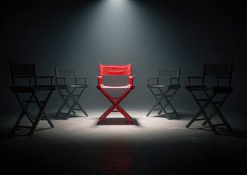 Red chair highlighted by spotlight among dark, empty chairs
