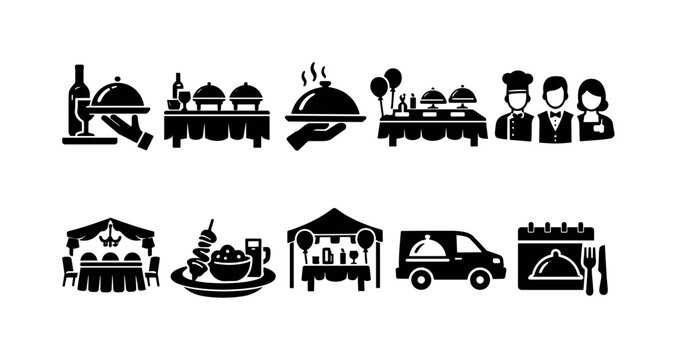 Catering service icons representing food delivery, events, and staff