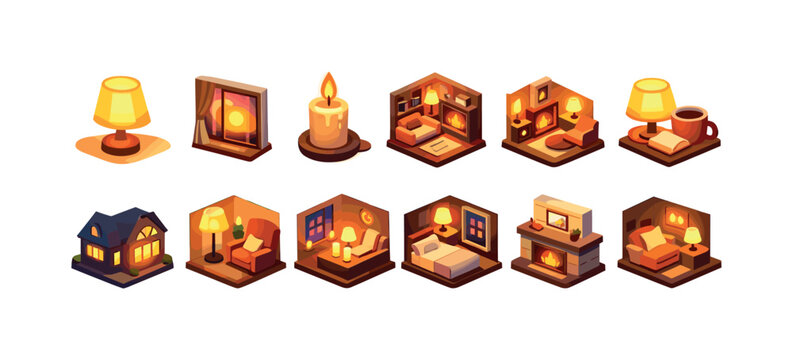 Cozy isometric interior scenes with warm lighting and comfortable furniture