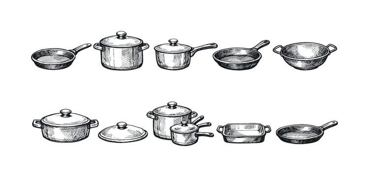Collection of hand-drawn kitchen cookware and utensils for cooking and baking