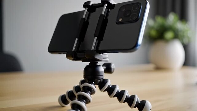 Smartphone rests on flexible tripod at home. Clean wood table setting with greenery in background. Concept of photography, videography, remote work
