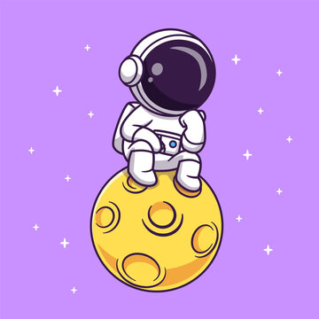 Cute Astronaut Thinking On Moon Cartoon