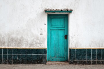 Fototapeta premium Weathered blue door centered on a rough white wall, bordered by tile