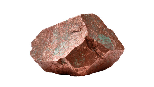 Rough reddish-brown copper ore chunk with green patina, isolated on transparent background