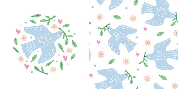 Peace dove greeting card and seamless pattern with cute white birds carrying olive branches. Romantic vector illustration with flowers and hearts for wedding invitations, nursery decor.