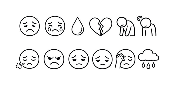 Collection of sad and distressed emoticons and symbols representing negative emotions