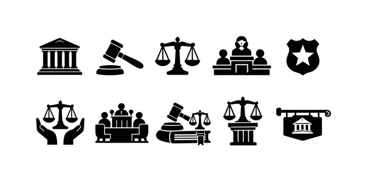 Collection of black and white legal and justice icons on a white background