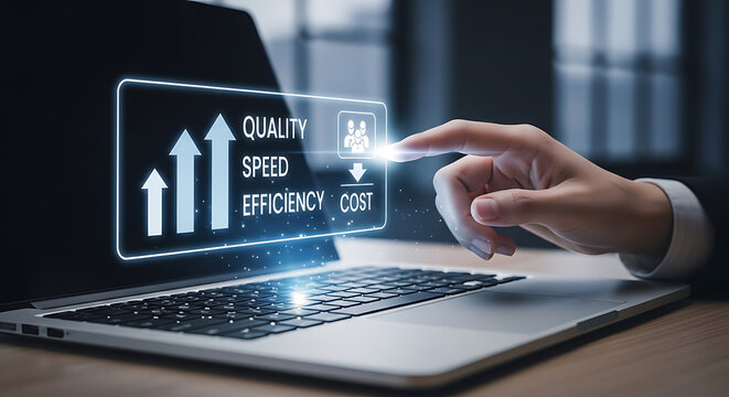 A hand interacts with a digital interface on a laptop screen, displaying business growth metrics like quality, speed, efficiency, and cost.