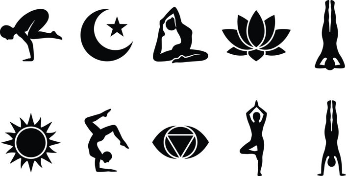 Yoga and Meditation Pose Icons Set Featuring Lotus, Handstand, Sun Salutation, and Chakra Symbols for Fitness, Wellness, and Spirituality Projects