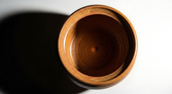 Top down view of a rustic handmade clay pottery bowl with terracotta, handmade