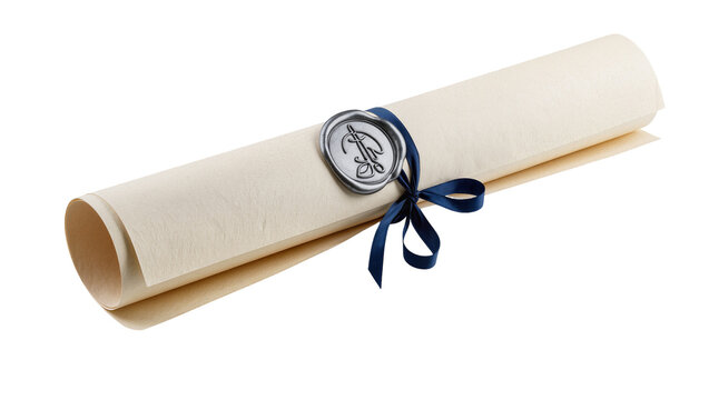 Rolled parchment scroll tied with dark blue ribbon and wax seal, isolated on transparent background