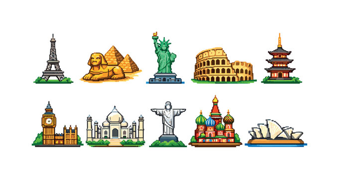 Pixel art collection of famous world landmarks and monuments in a retro style