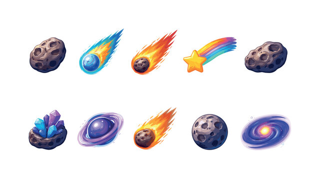 Collection of cartoon space objects including planets, comets, and crystals