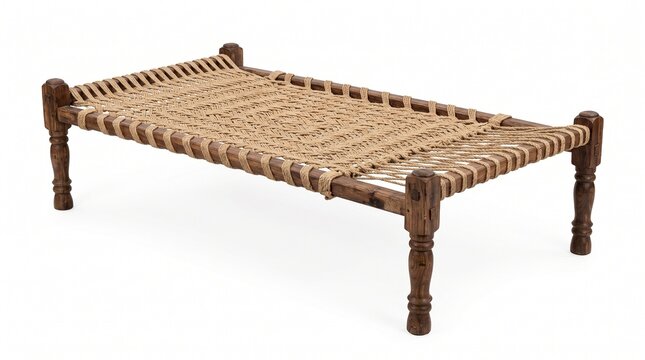 Traditional Indian charpai bed with woven jute rope, rustic wooden cot furniture, ethnic handwoven daybed isolated on white background