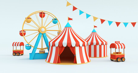 circus tent set with ferris wheel and food carts 3d render © Queen Nadeesha