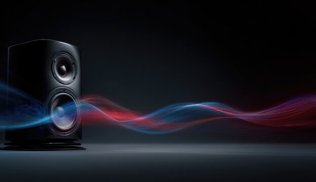 A sleek, black sound device features twin speaker components. Vibrant blue and red streams emanate from it, creating a visual soundscape