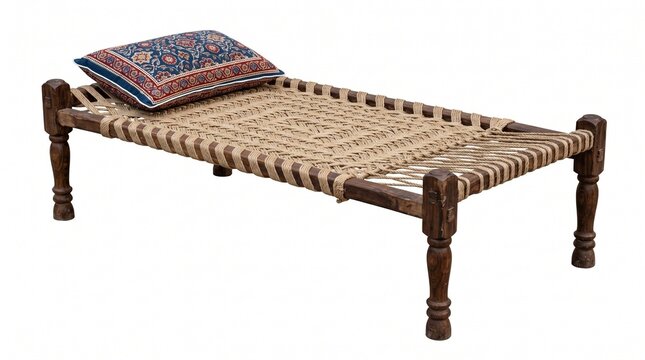 Traditional Indian Charpai bed with woven jute rope, rustic wooden daybed with ethnic patterned pillow, handmade vintage furniture on white background
