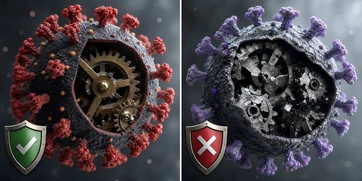 Split-view microscopic illustration comparing a live replicating virus (left) vs a heat or chemically inactivated pathogen (right), representing vaccine development and immunology