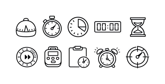 Collection of diverse timekeeping icons including clocks, timers, and hourglass