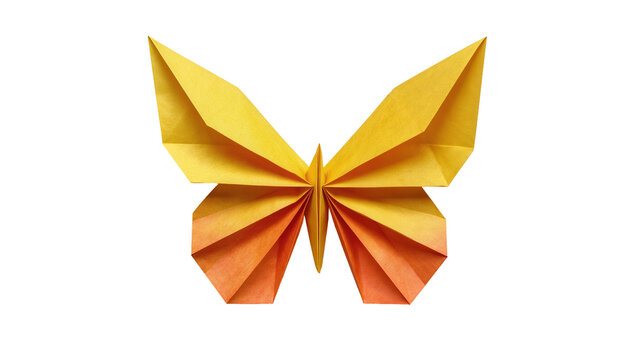 Yellow and orange origami butterfly, isolated on transparent background