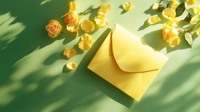 Yellow Envelope with Rose Petals, Sunlight Shadows