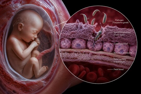 Cross-section of a pregnant uterus showing a fetus, the placental barrier, and toxoplasma gondii parasites attempting to cross, representing congenital infection risks