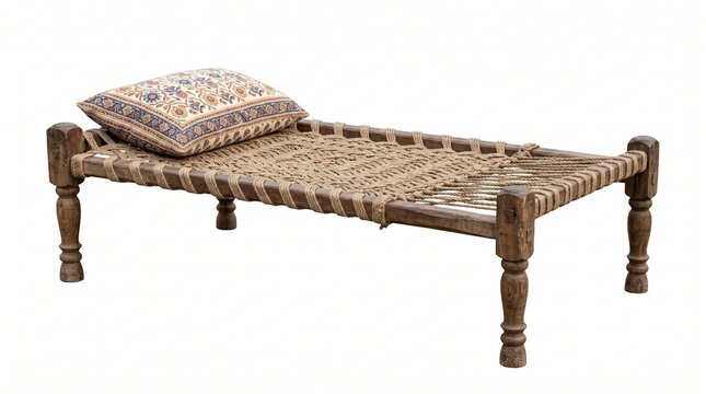 Traditional Indian charpai bed with woven jute rope, rustic wooden daybed with patterned pillow, ethnic handmade furniture on white background