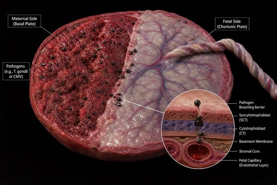 Placenta showing rough red maternal side and pale fetal side, with dark beads (pathogens) embedded and crossing to fetal side, representing vertical transmission
