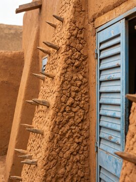 Traditional West African Sudano-Sahelian mud brick wall with protruding wooden toron beams and weathered blue shutter, adobe earthen architecture detail, Mali Niger heritage