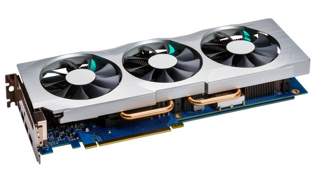 Silver graphics card with three fans and copper heat pipes, isolated on transparent background