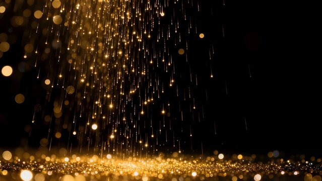 Golden light particles falling against black background
