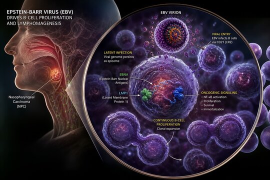 Medical illustration showing epstein-barr virus infecting b-cells, driving uncontrolled proliferation and lymphoma development, representing viral oncogenesis and hematologic cancer