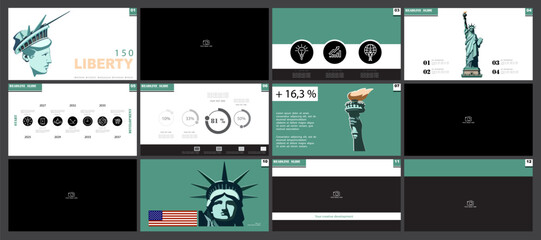 Business banner, presentation of the Statue of Liberty. Welcome to business New York. USA Independence Day. Green template design, holiday.National symbol of America advertisement. Vector illustration © VASYL