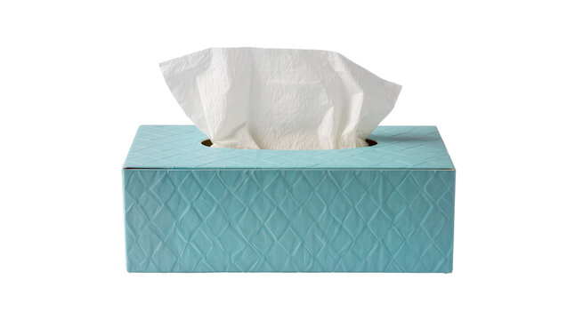 Teal textured tissue box with white tissues, isolated on transparent background