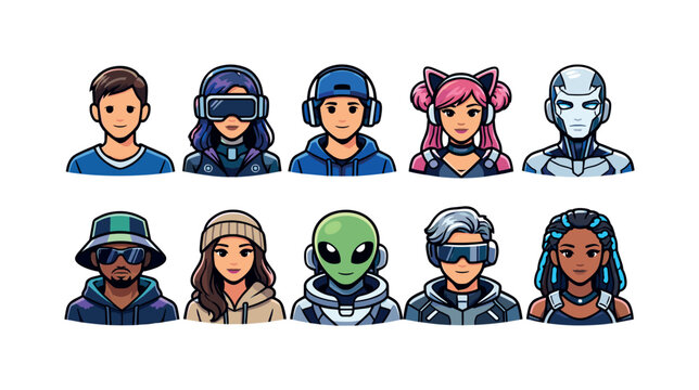 Diverse group of stylized characters with futuristic and casual attire