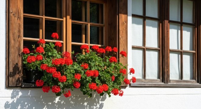 Window with red geraniums & closed shutters; white house